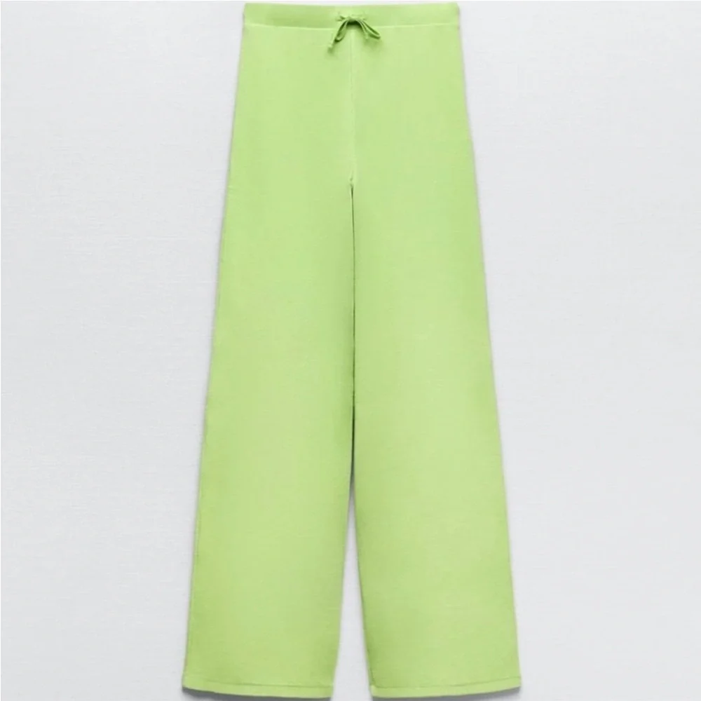 Zara flare high waisted green ribbed pants - Picture 5 of 11